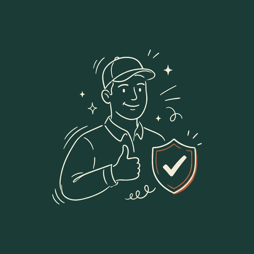 Line illustration of a friendly courier driver giving a thumbs-up beside a trust badge