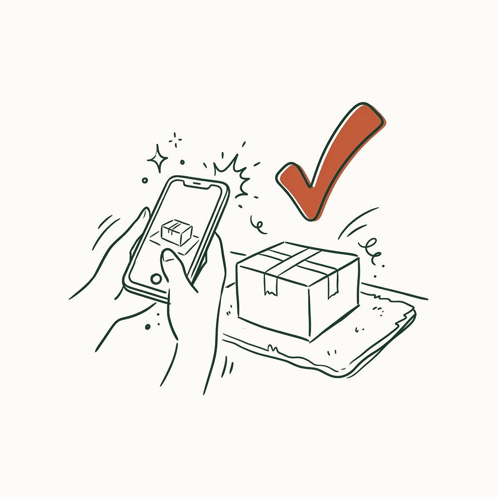 Line illustration of a smartphone photographing a delivered parcel with a checkmark