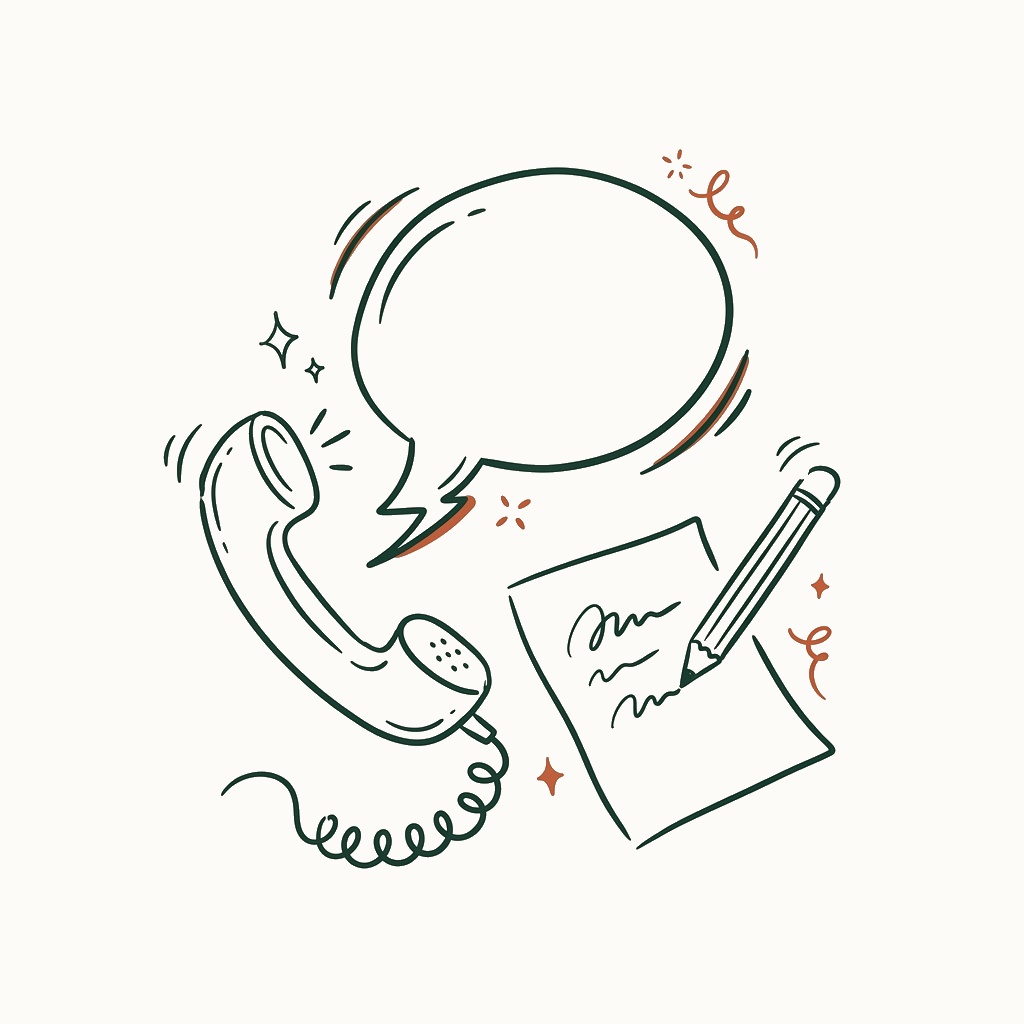 Line illustration of a phone call and a handwritten quote note