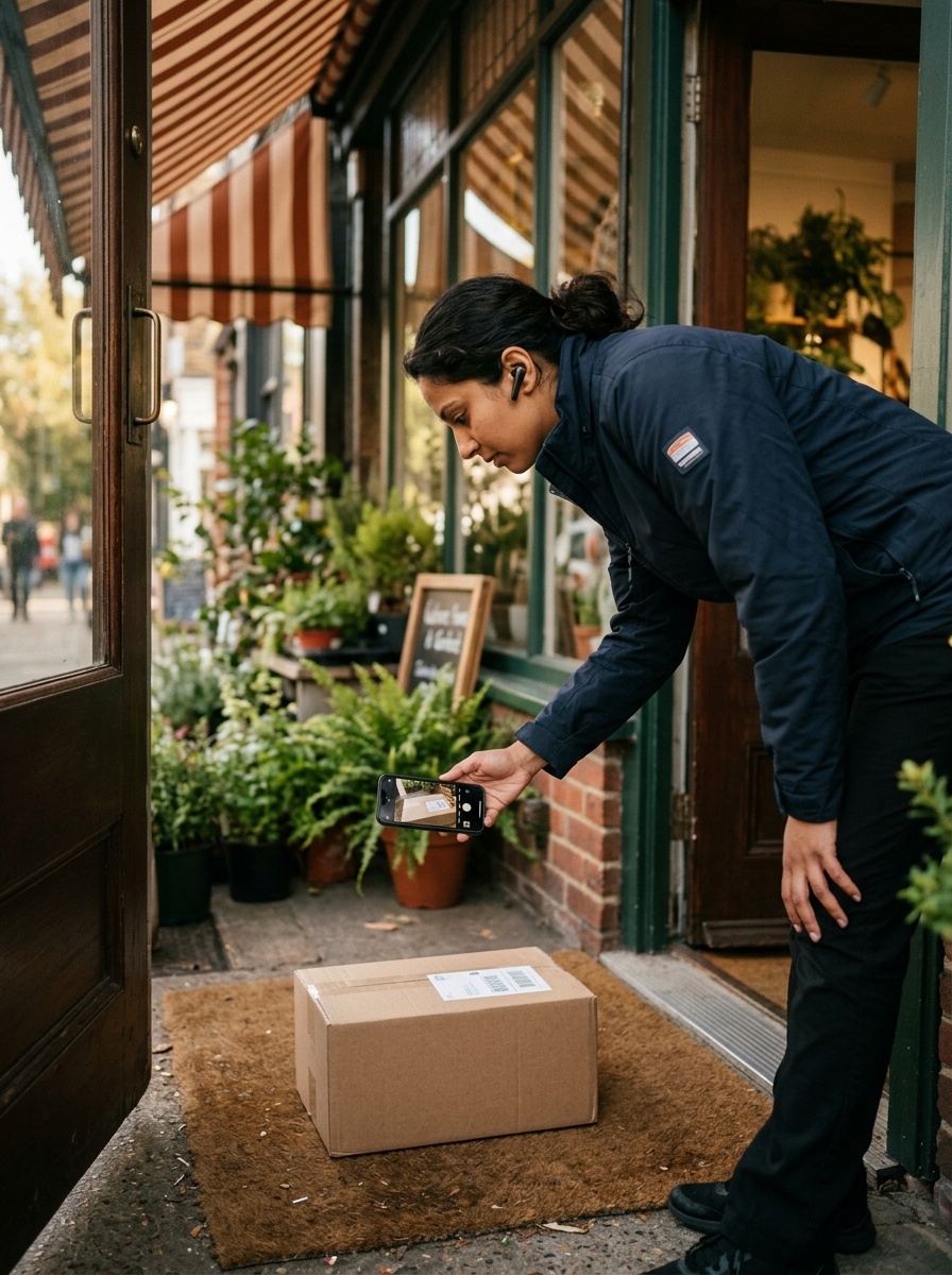 Delivery courier taking a smartphone photo of a labeled package on the ground for proof of delivery